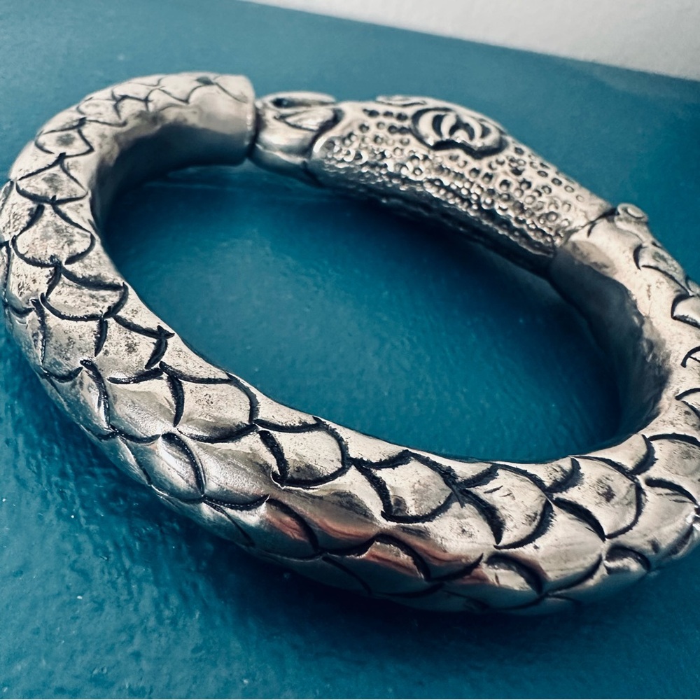 Vintage Artisan Elephant Snake Oxidized Sterling Silver Bangle Bracelet, Rare - Picture 4 of 9